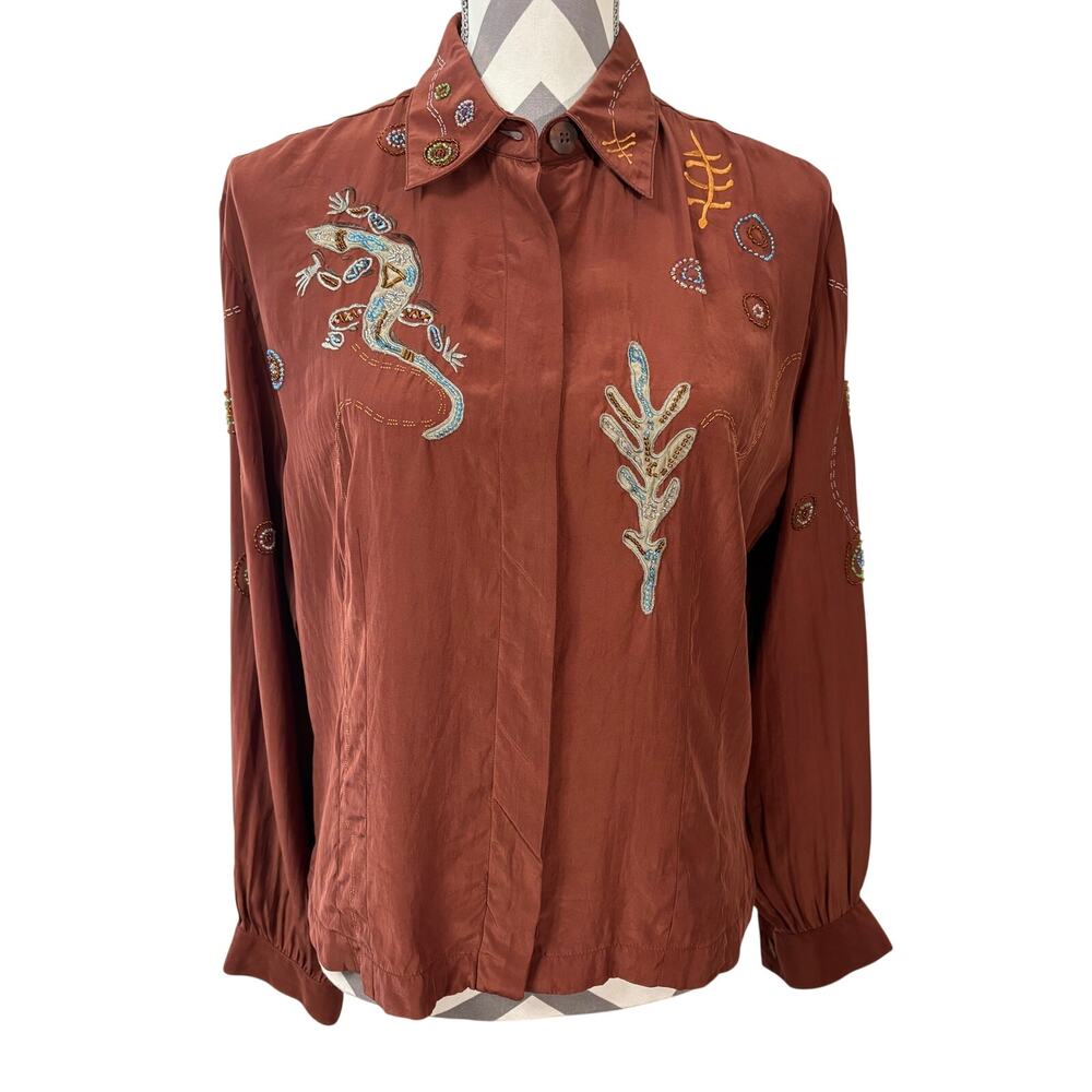 Havana by Giorgio Kauten 100% Silk Blouse 10 Terracotta Beaded Lizard Vintage